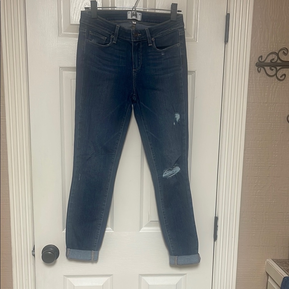 PAIGE Blue Ankle Cropped Distressed Jeans